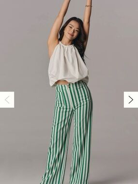 Maeve Green & White Vertical Stripe Wide-Leg Pants